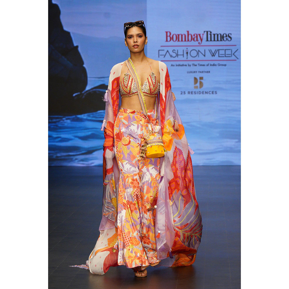 Rishi & Vibhuti Orange Sunset Charm Top With Pant And Shrug (Set of 3)