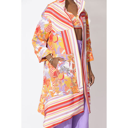 Rishi & Vibhuti Multi-Colour Whimsy Waltz Crop Top With Pant And Trench (Set of 3)