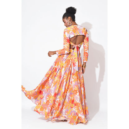 Rishi & Vibhuti Orange Whirl Skirt with Crop Top and Dupatta (Set of 3)