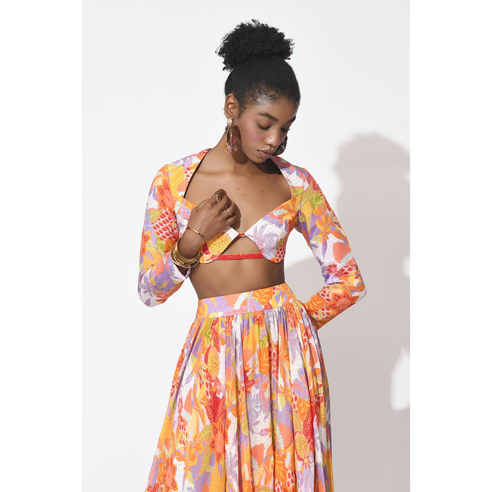 Rishi & Vibhuti Orange Whirl Skirt with Crop Top and Dupatta (Set of 3)