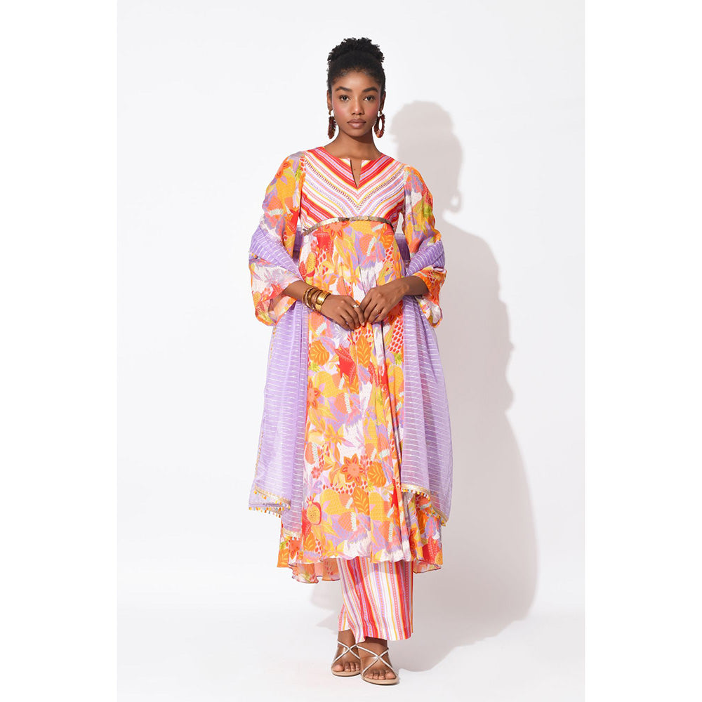 Rishi & Vibhuti Multi Colour Azure Anarkali with Pant and Dupatta (Set of 3)