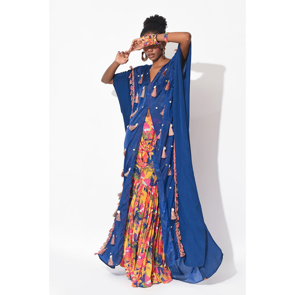 Rishi & Vibhuti Blue Fervent Kaftan with Sharara (Set of 2)