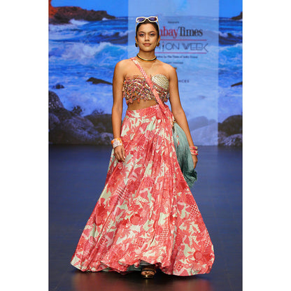 Rishi & Vibhuti Pink Romantic Waves Skirt with Blouse (Set of 2)