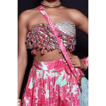 Rishi & Vibhuti Pink Romantic Waves Skirt with Blouse (Set of 2)