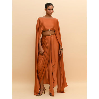 Rishi & Vibhuti Tan Buckle Bliss Crop Top with Attached Cape Sleeves