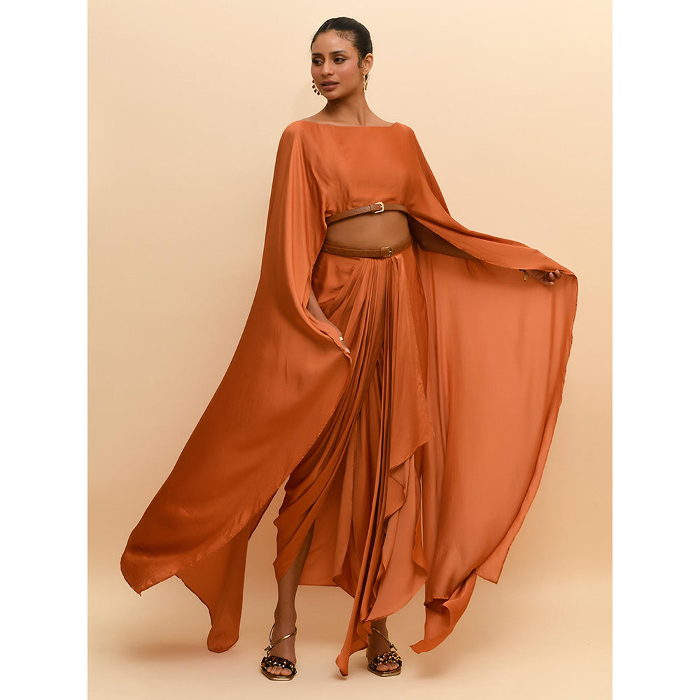 Rishi & Vibhuti Tan Buckle Bliss Crop Top with Attached Cape Sleeves