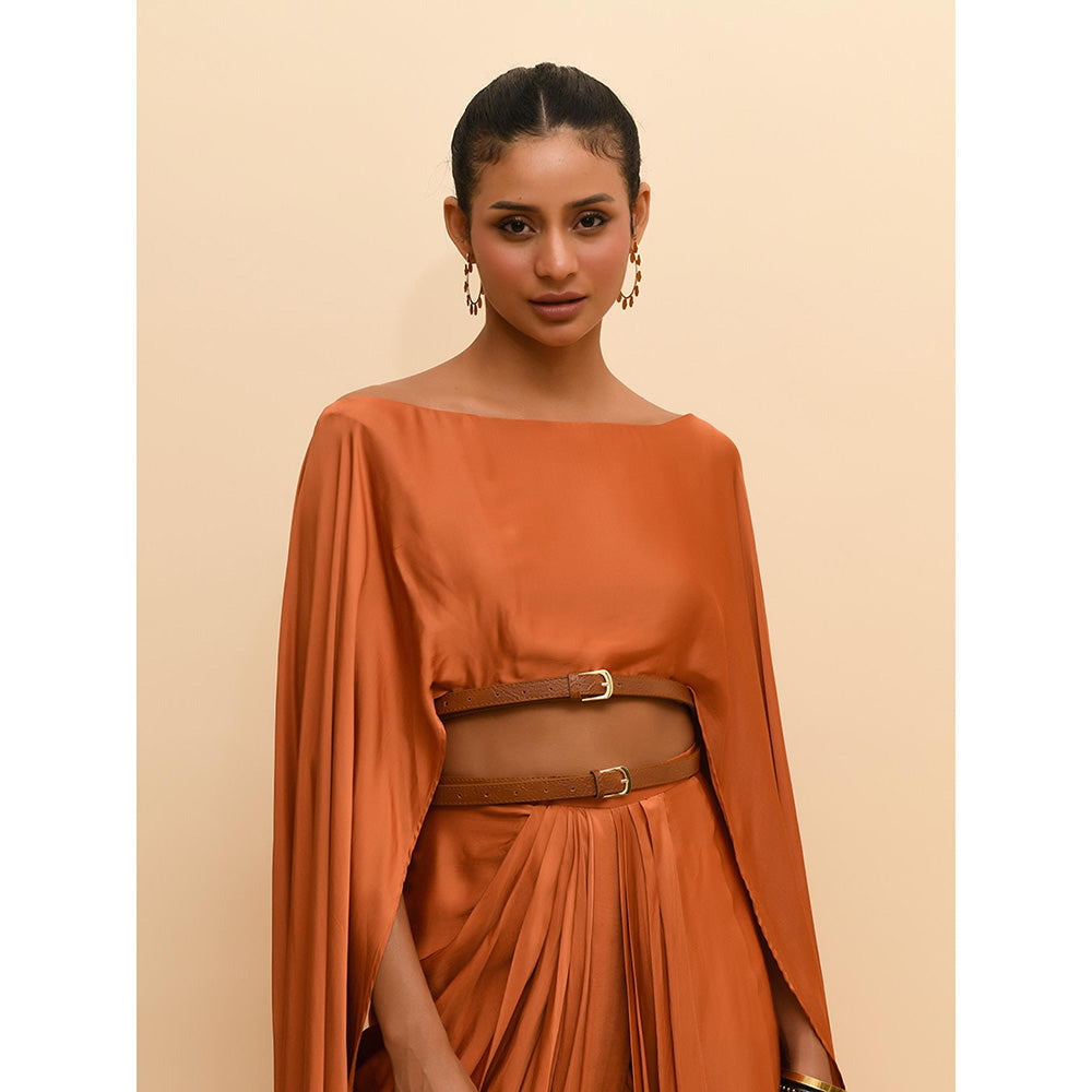Rishi & Vibhuti Tan Buckle Bliss Crop Top with Attached Cape Sleeves
