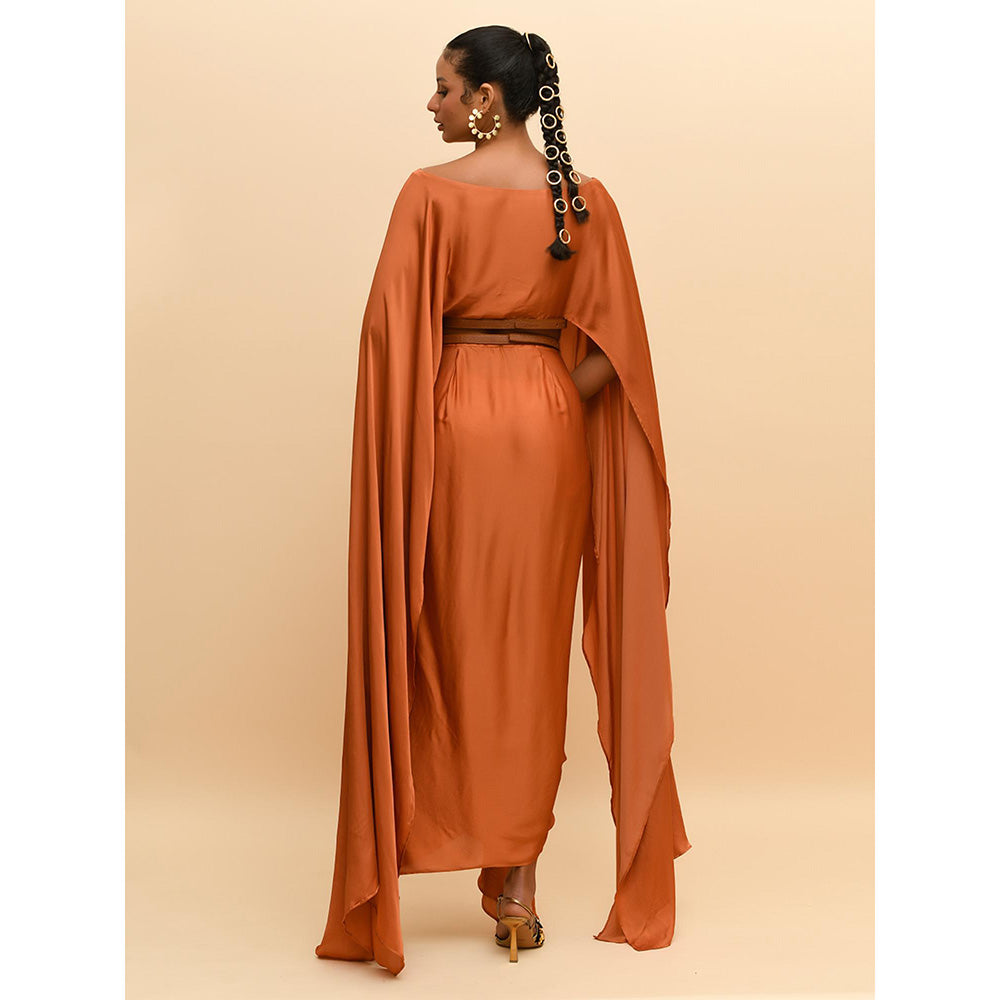 Rishi & Vibhuti Tan Buckle Bliss Crop Top with Attached Cape Sleeves