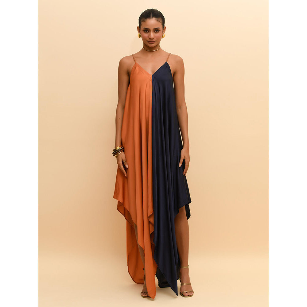 Rishi & Vibhuti Tan Two Tone Asymmetrical Dress