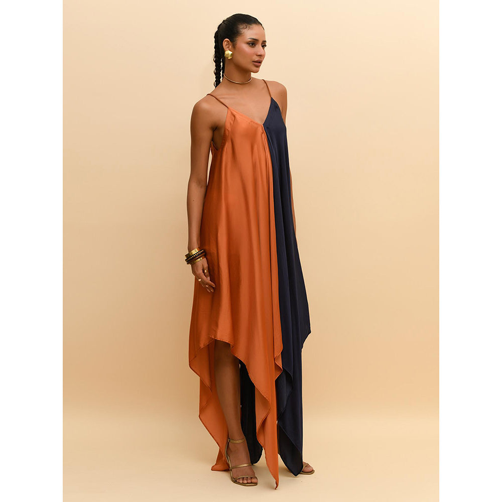 Rishi & Vibhuti Tan Two Tone Asymmetrical Dress