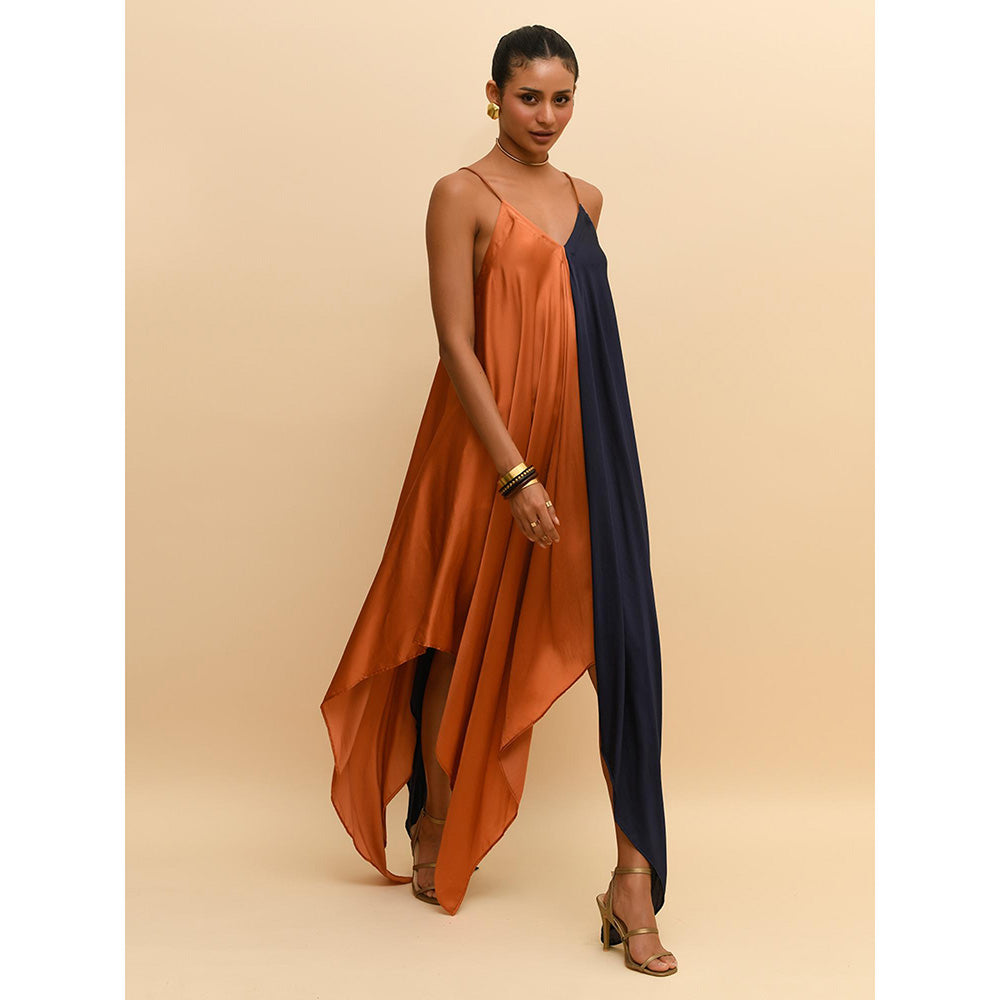 Rishi & Vibhuti Tan Two Tone Asymmetrical Dress