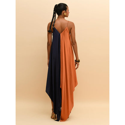 Rishi & Vibhuti Tan Two Tone Asymmetrical Dress