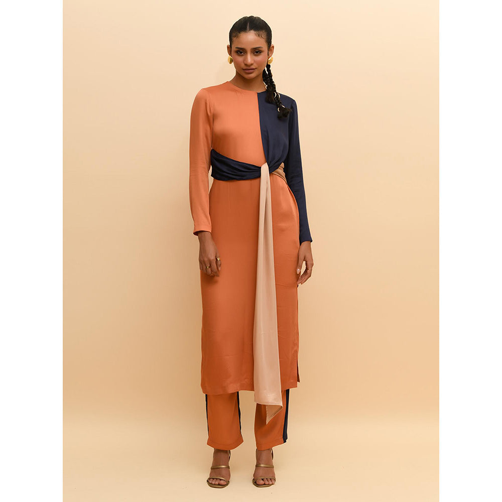 Rishi & Vibhuti Tan Knotted Kurta with Attached Drape