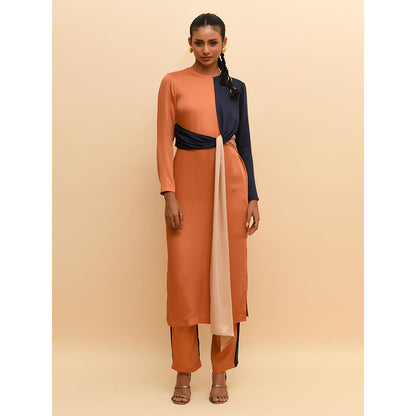 Rishi & Vibhuti Tan Knotted Kurta with Attached Drape