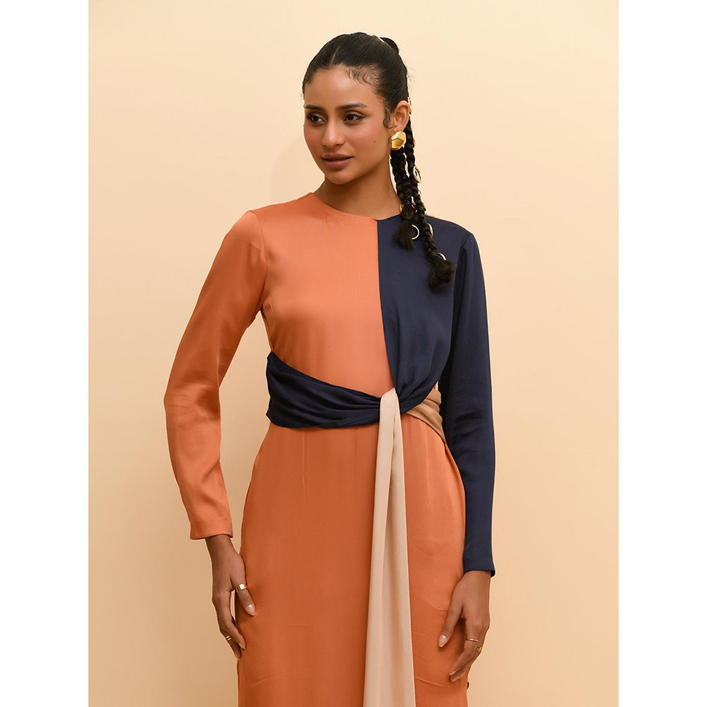 Rishi & Vibhuti Tan Knotted Kurta with Attached Drape