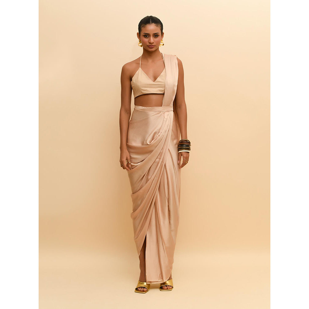 Rishi & Vibhuti Beige Pre Draped Saree with Stitched Blouse