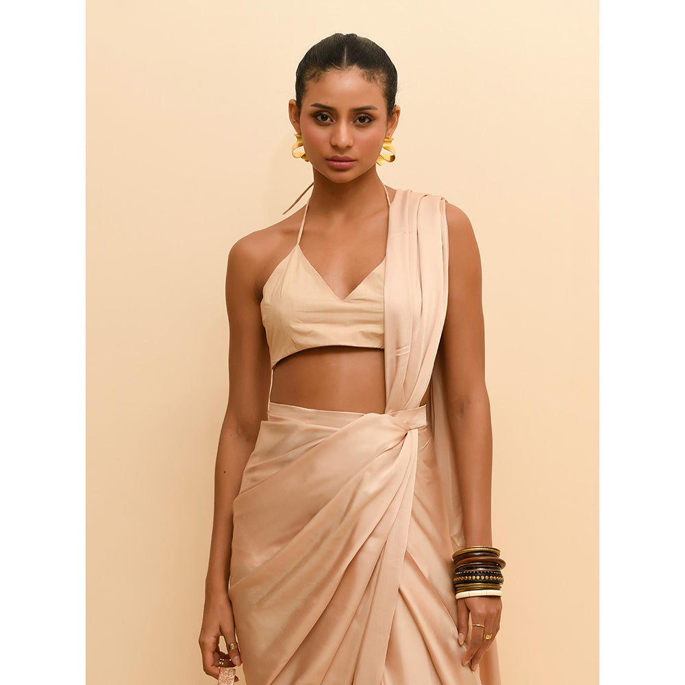 Rishi & Vibhuti Beige Pre Draped Saree with Stitched Blouse