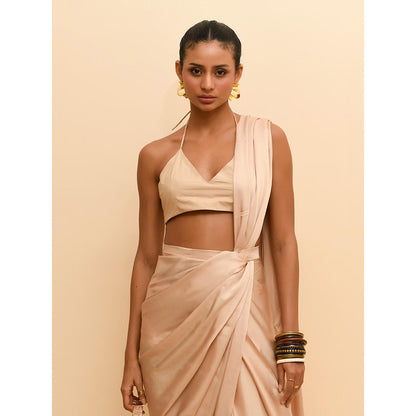 Rishi & Vibhuti Beige Pre Draped Saree with Stitched Blouse