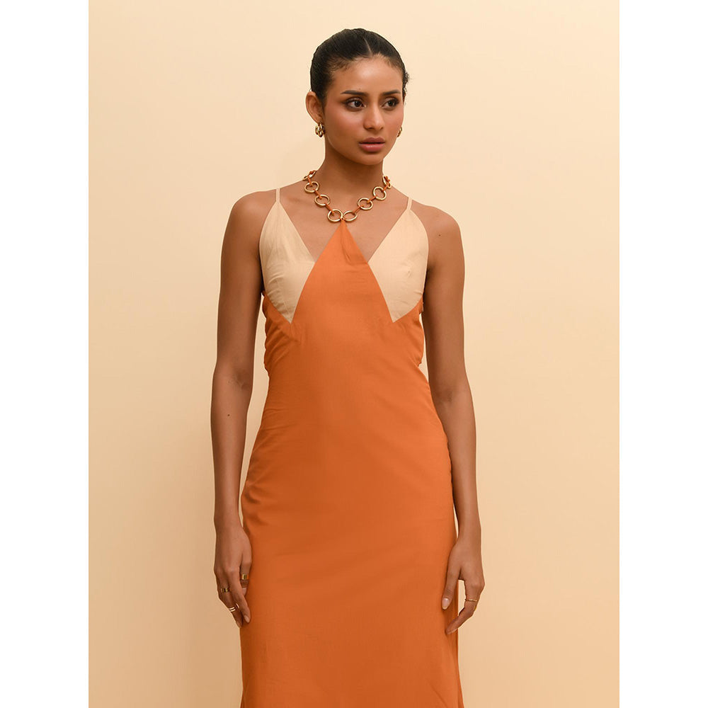 Rishi & Vibhuti Tan Halter Neck Swirl Dress