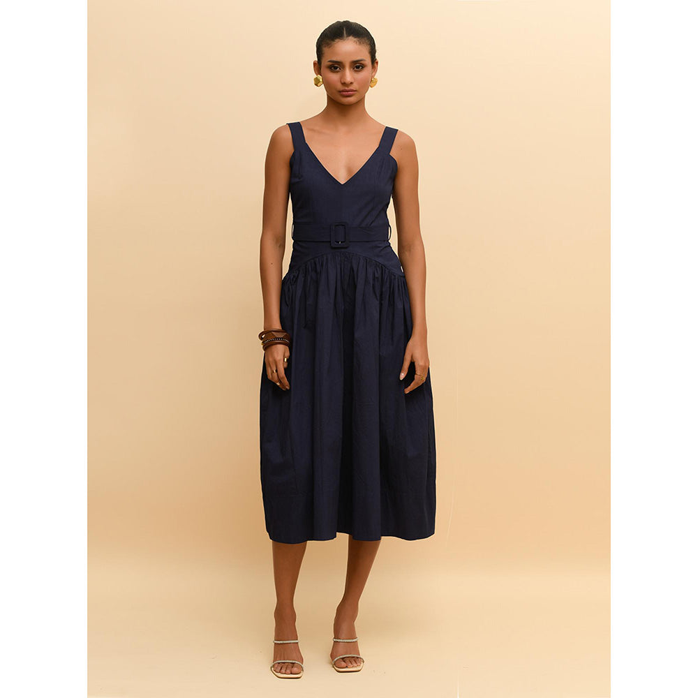 Rishi & Vibhuti Blue Inverted Hem Dress with Belt (Set of 2)