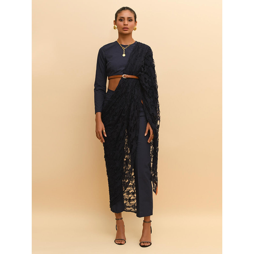 Rishi & Vibhuti Blue Full Sleeve Belted Crop Top