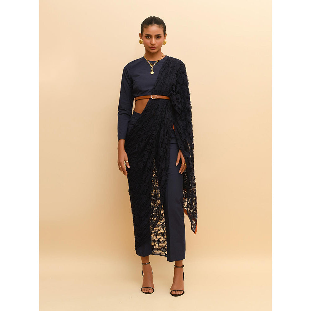 Rishi & Vibhuti Blue Contemporary Mesh Crop Top with Pant and Draped (Set of 3)