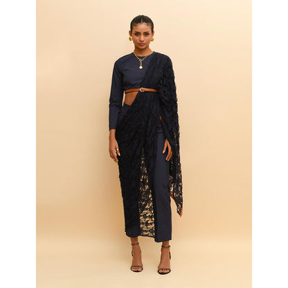 Rishi & Vibhuti Blue Contemporary Mesh Crop Top with Pant and Draped (Set of 3)