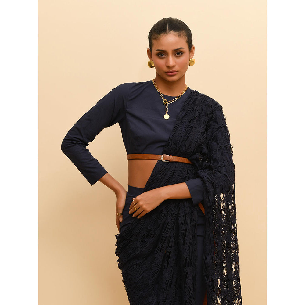 Rishi & Vibhuti Blue Contemporary Mesh Crop Top with Pant and Draped (Set of 3)