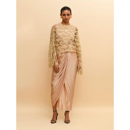 Rishi & Vibhuti Beige Gauzy Tee Overlay with Bodice (Set of 2)