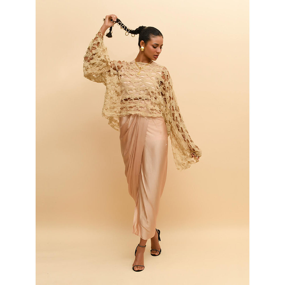 Rishi & Vibhuti Beige Gauzy Tee Overlay with Bodice (Set of 2)