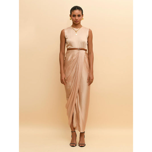 Rishi & Vibhuti Beige Drape Dress with Belt (Set of 2)
