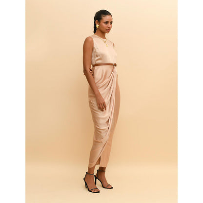 Rishi & Vibhuti Beige Drape Dress with Belt (Set of 2)