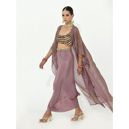 Rishi & Vibhuti Mauve Opal Cape with Blouse and Skirt (Set of 3)