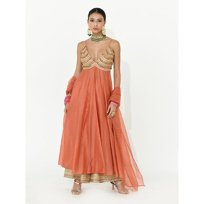 Rishi & Vibhuti Coral Sunrise Anarkali with Pant and Dupatta (Set of 3)