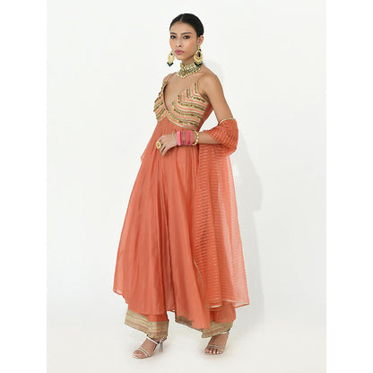 Rishi & Vibhuti Coral Sunrise Anarkali with Pant and Dupatta (Set of 3)