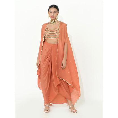 Rishi & Vibhuti Coral Karl Drape Skirt with Cape and Blouse (Set of 3)
