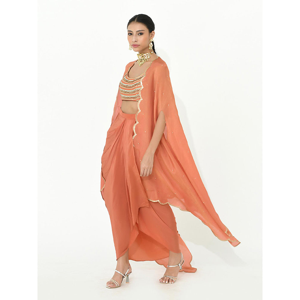Rishi & Vibhuti Coral Karl Drape Skirt with Cape and Blouse (Set of 3)