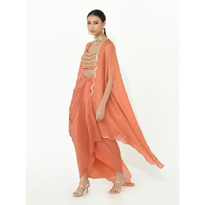 Rishi & Vibhuti Coral Karl Drape Skirt with Cape and Blouse (Set of 3)