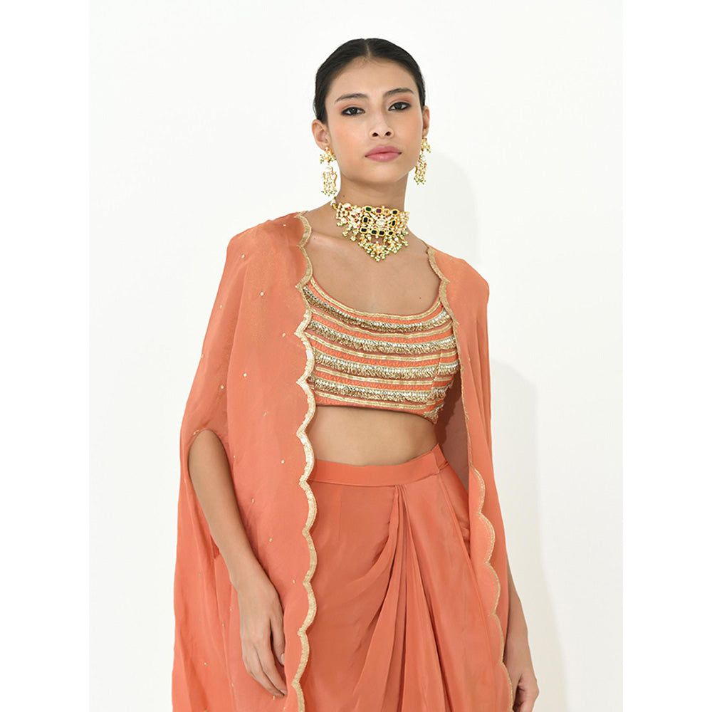 Rishi & Vibhuti Coral Karl Drape Skirt with Cape and Blouse (Set of 3)