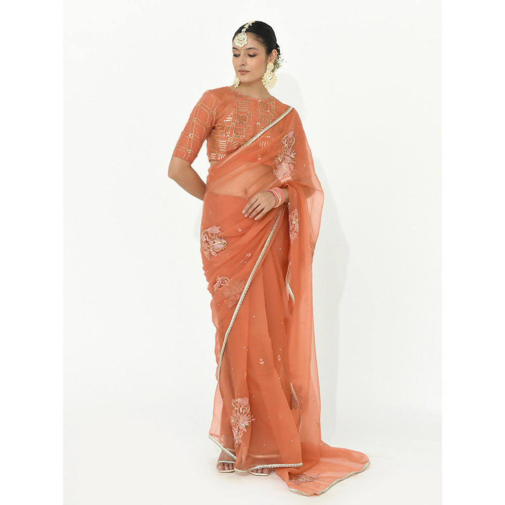 Rishi & Vibhuti Coral Amber Embroidered Saree with Stitched Blouse