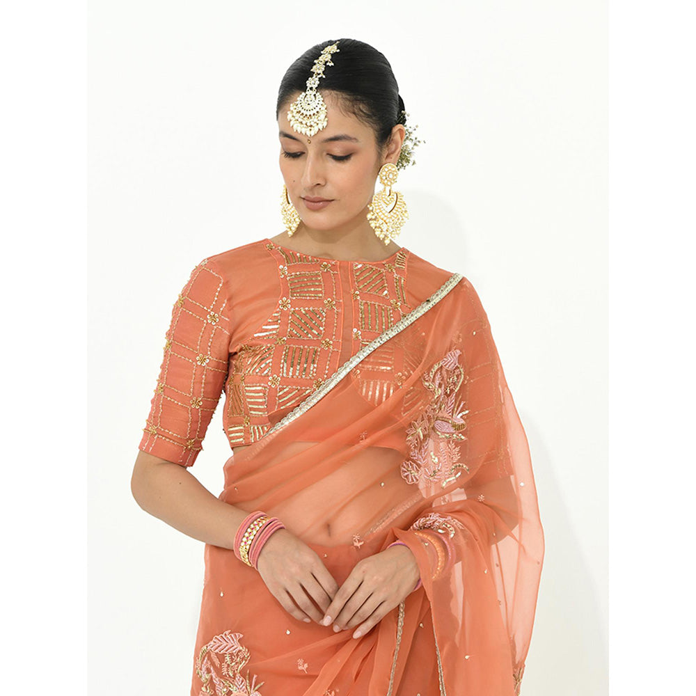 Rishi & Vibhuti Coral Amber Embroidered Saree with Stitched Blouse