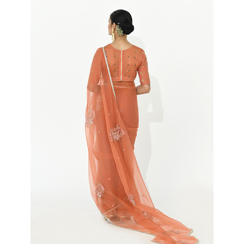 Rishi & Vibhuti Coral Amber Embroidered Saree with Stitched Blouse