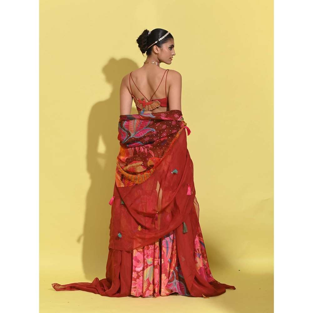 Rishi & Vibhuti Red Ruby Woo Sharara with Blouse and Cape (Set of 3)