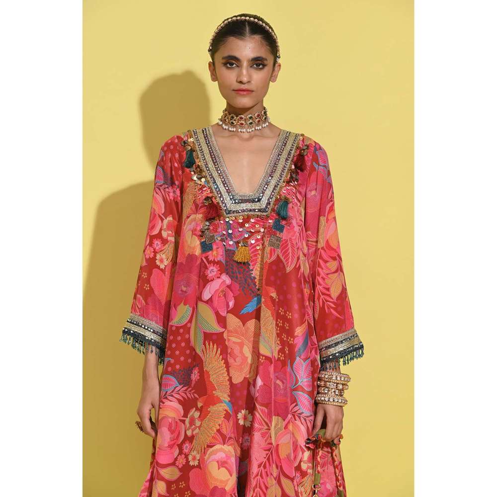 Rishi & Vibhuti Red Ruby Choga Kurta with Pant (Set of 2)