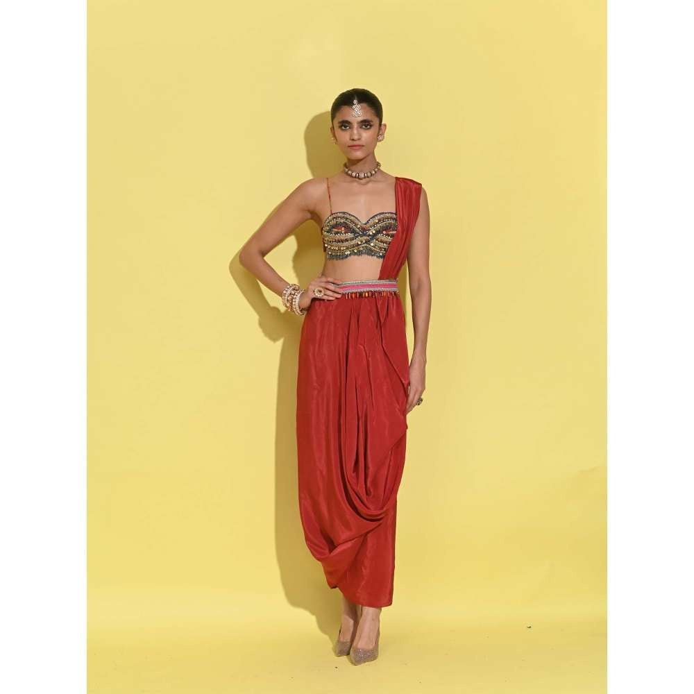 Rishi & Vibhuti Red Mystic Flow Blouse with Draped Skirt (Set of 2)