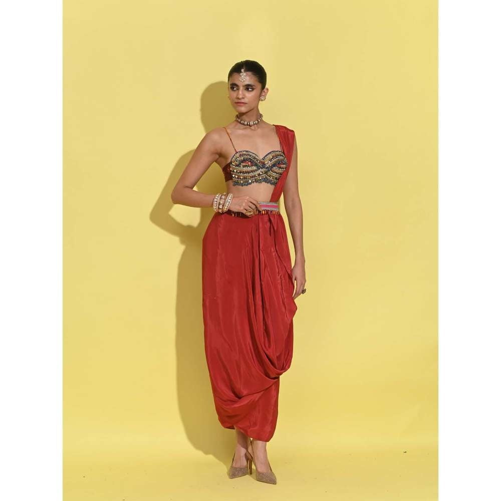 Rishi & Vibhuti Red Mystic Flow Blouse with Draped Skirt (Set of 2)