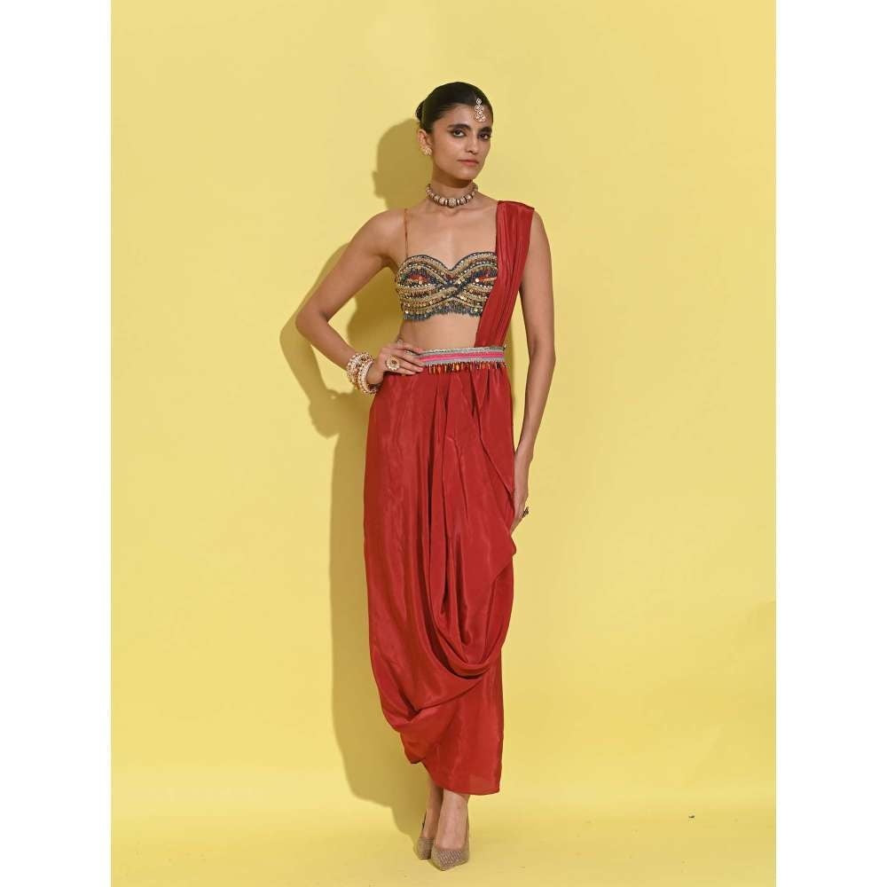 Rishi & Vibhuti Red Mystic Flow Blouse with Draped Skirt (Set of 2)