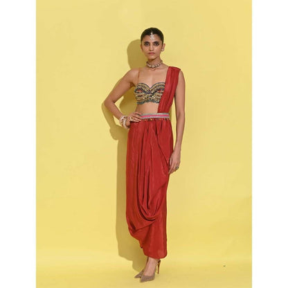 Rishi & Vibhuti Red Mystic Flow Blouse with Draped Skirt (Set of 2)