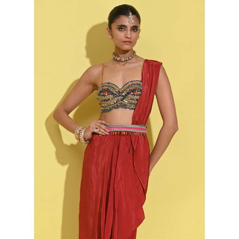 Rishi & Vibhuti Red Mystic Flow Blouse with Draped Skirt (Set of 2)