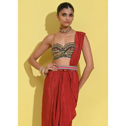 Rishi & Vibhuti Red Mystic Flow Blouse with Draped Skirt (Set of 2)